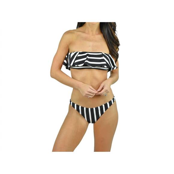 NEW MILLY stripe ruffle bandeau bikini top in black/ivory - Picture 1 of 3